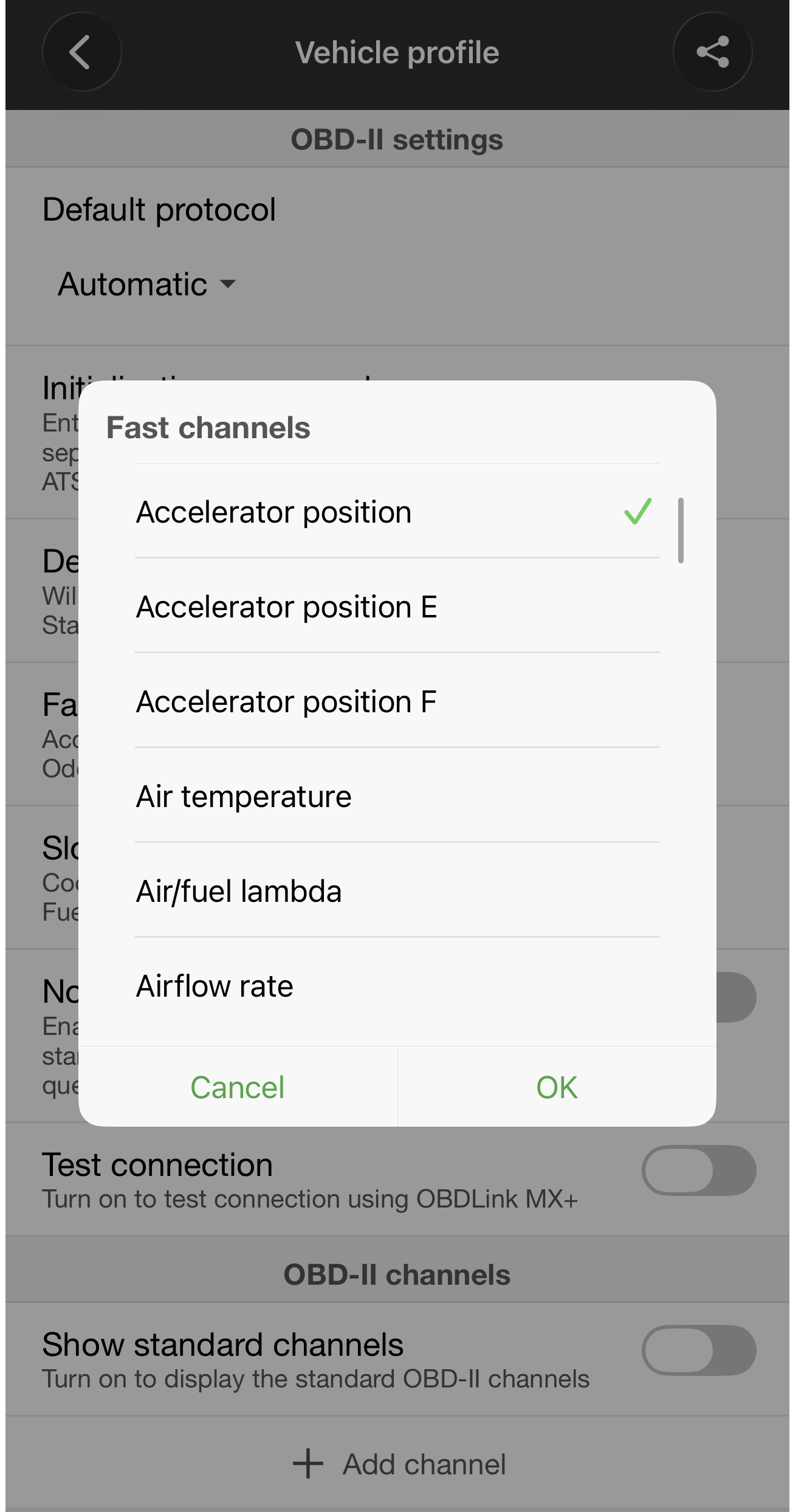 RaceChrono vehicle profile fast channels dialog with accelerator position selected