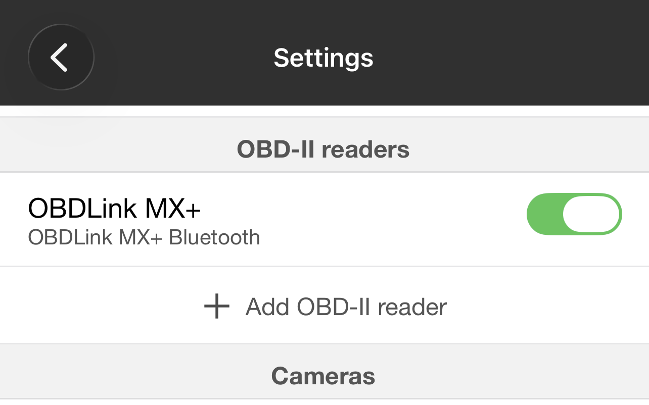 RaceChrono settings with an OBDLink MX+ Bluetooth reader added and enabled under OBD-II readers