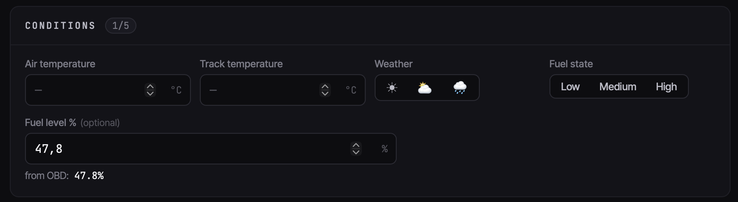 ApexLog setup form conditions section with the fuel level field pre-filled to 47.8 percent and a 'from OBD' hint below it