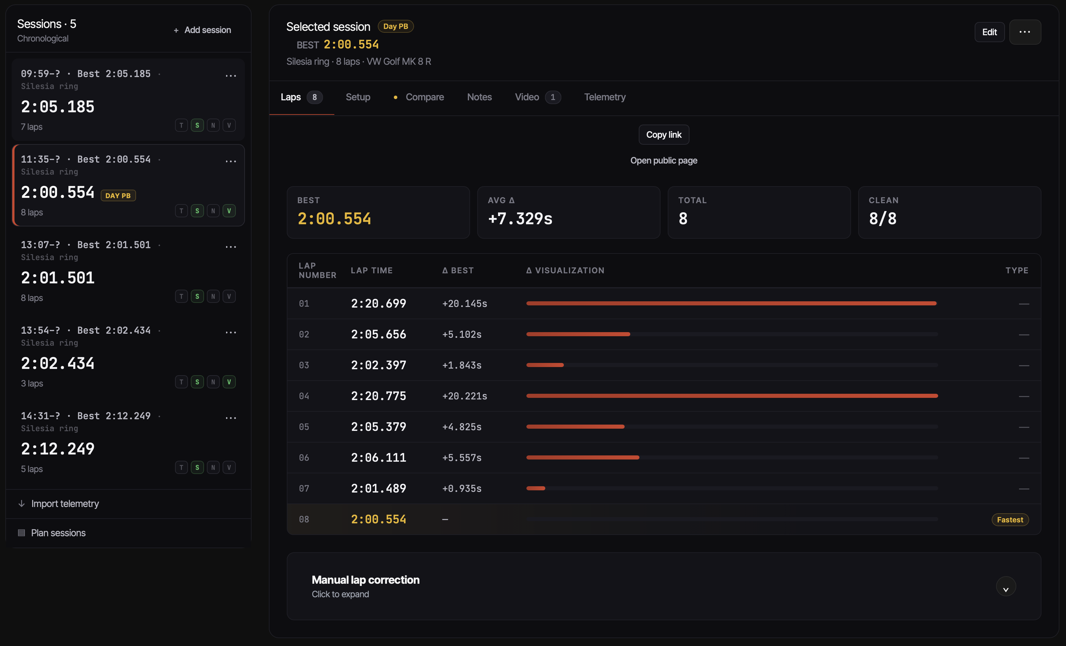 ApexLog session view showing 8 laps with times, delta from best lap, visualization bars and the fastest lap highlighted