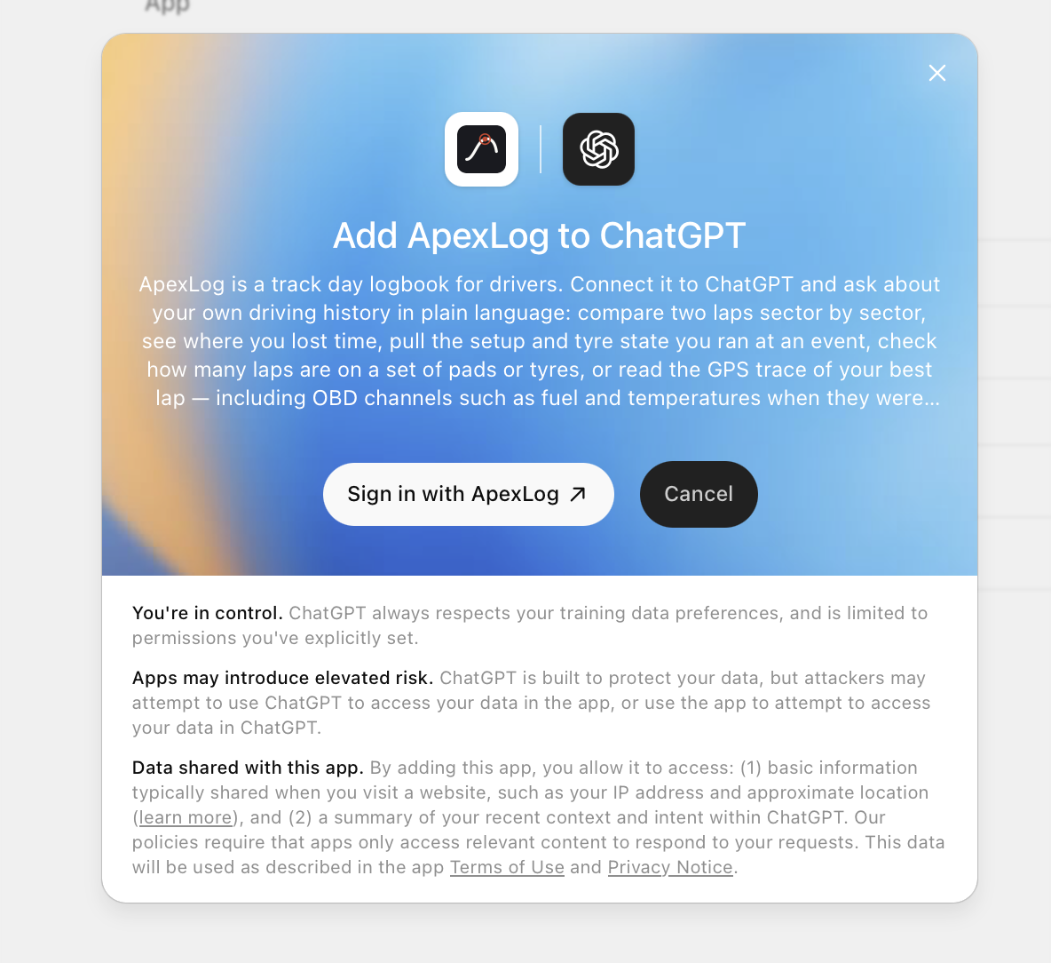 Add ApexLog to ChatGPT dialog with the Sign in with ApexLog button and OpenAI's data-sharing notes.