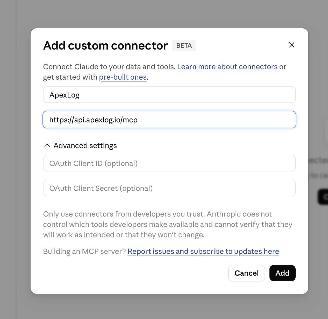 Claude Add custom connector form filled with name ApexLog and URL https://api.apexlog.io/mcp.