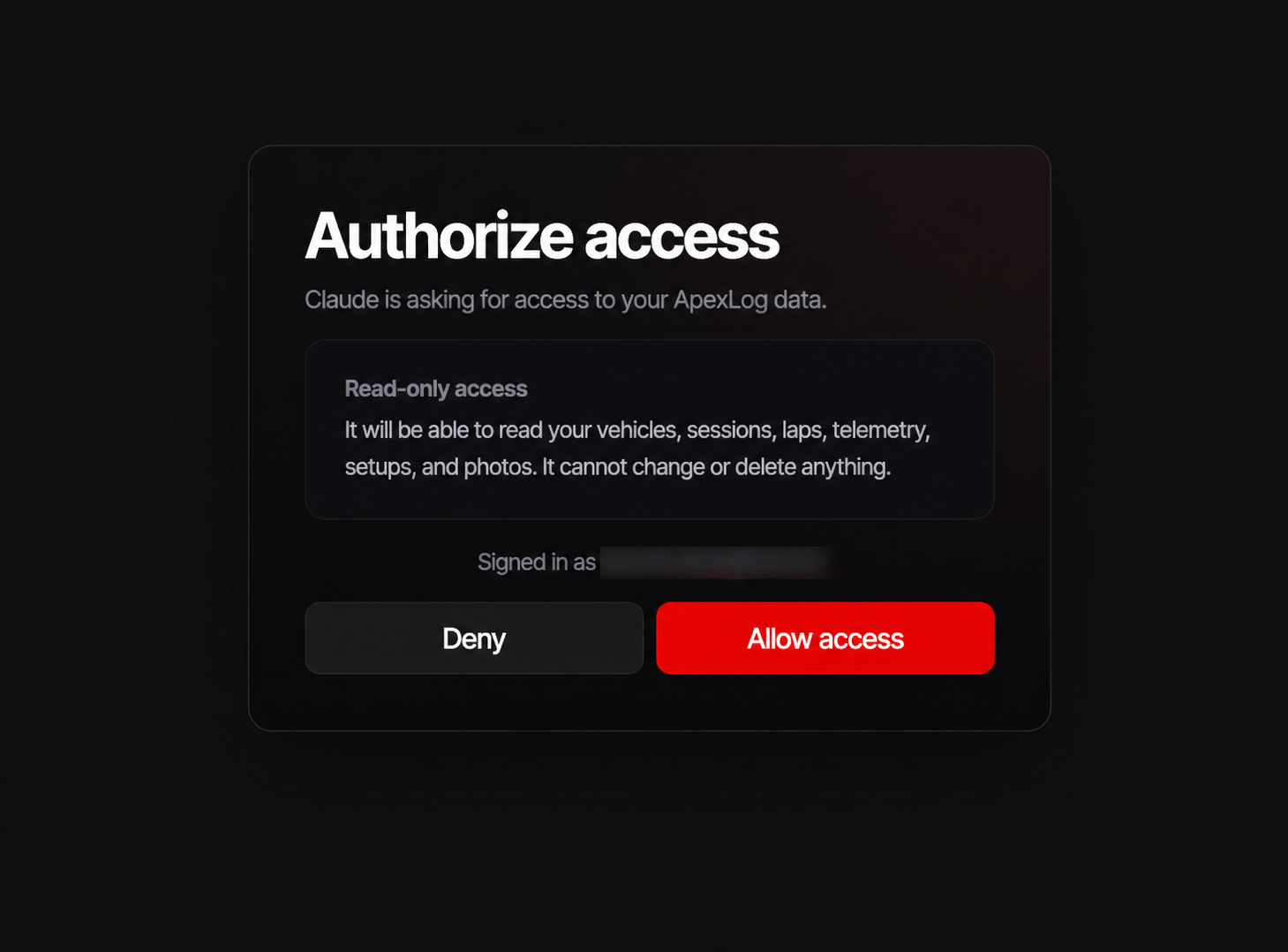 ApexLog consent screen showing read-only access requested by Claude.