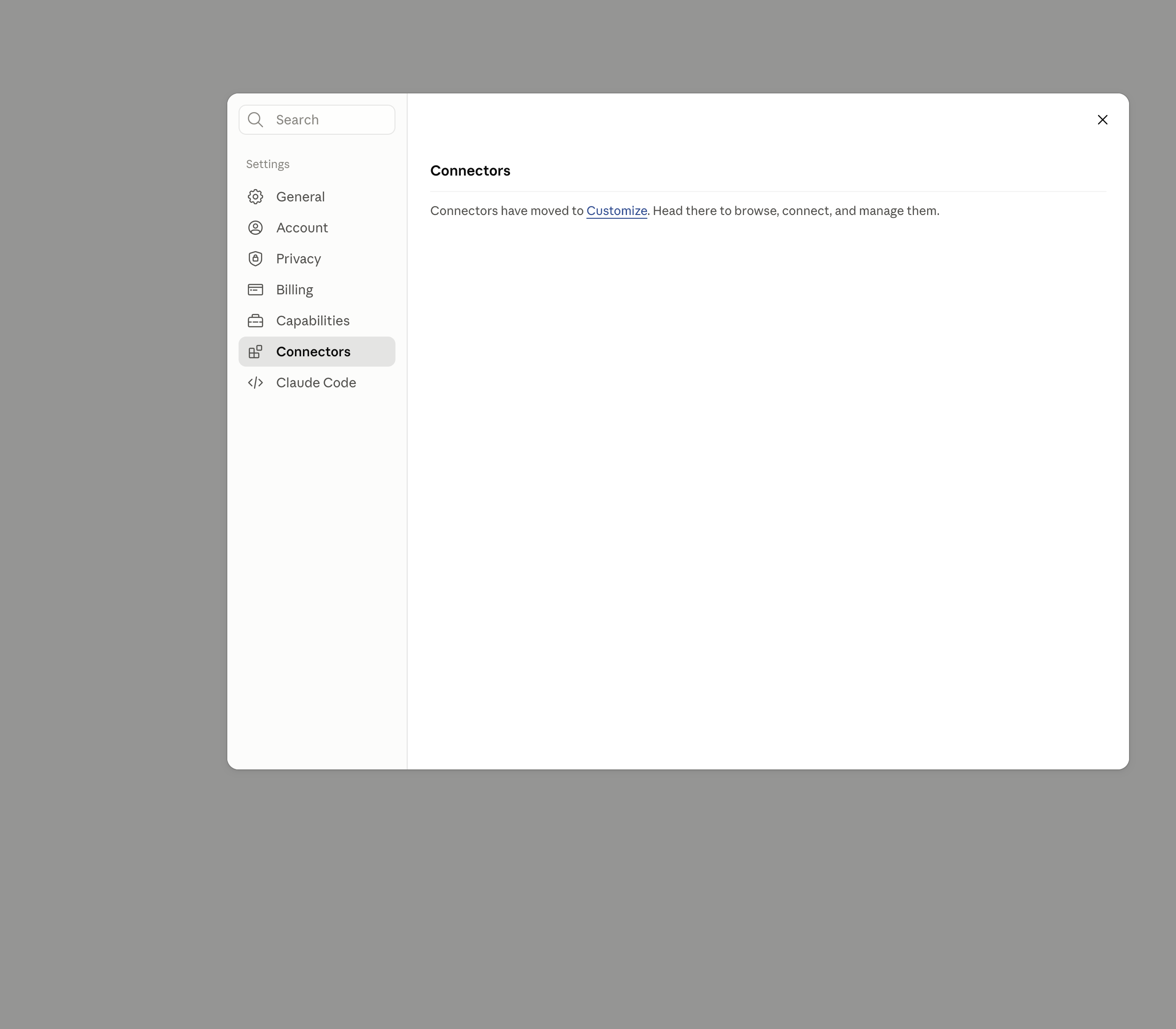 Claude Settings showing that Connectors have moved to Customize.