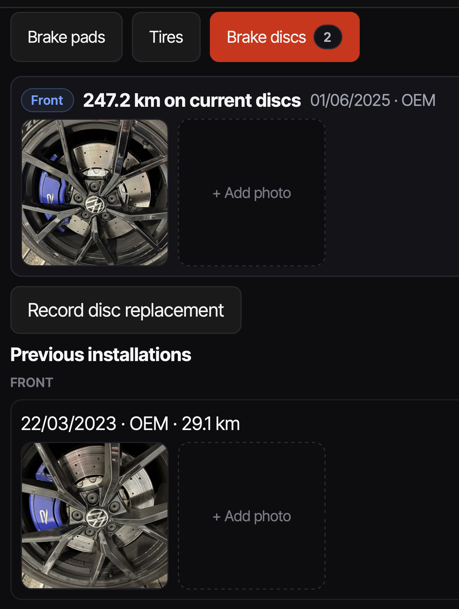 ApexLog consumables page — pad and tire sets with per-set mileage, split by axle, with a photo thumbnail on the service entry.